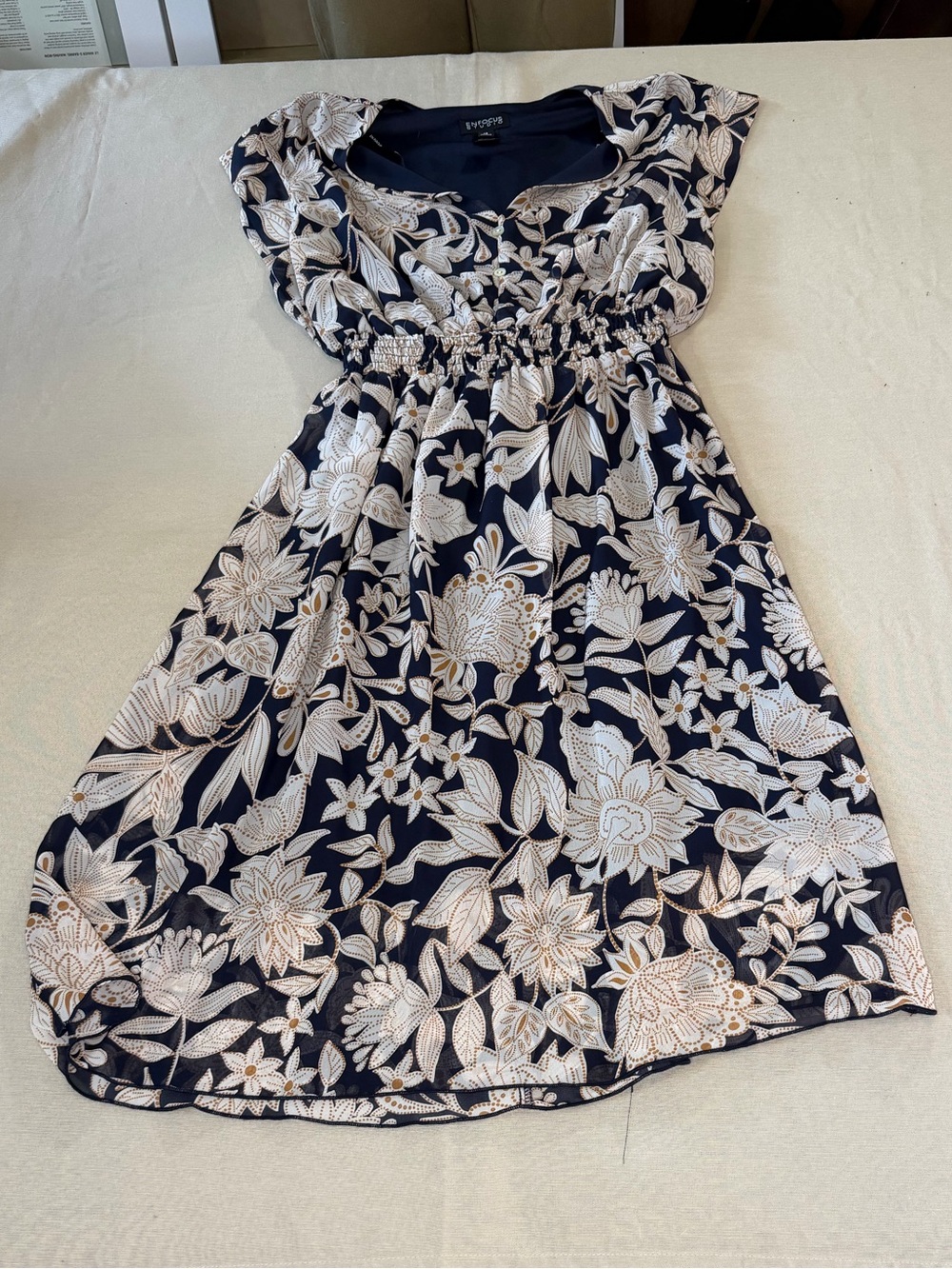 Enfocus Studio Navy Dress with Cream and Gold Leaf Print